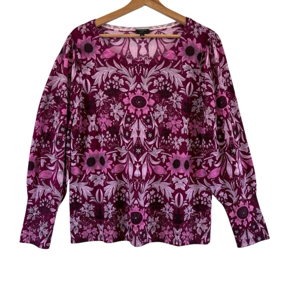 Talbots Womens XL Petite Lightweight Merino Wool Floral Sweater Pink Burgundy